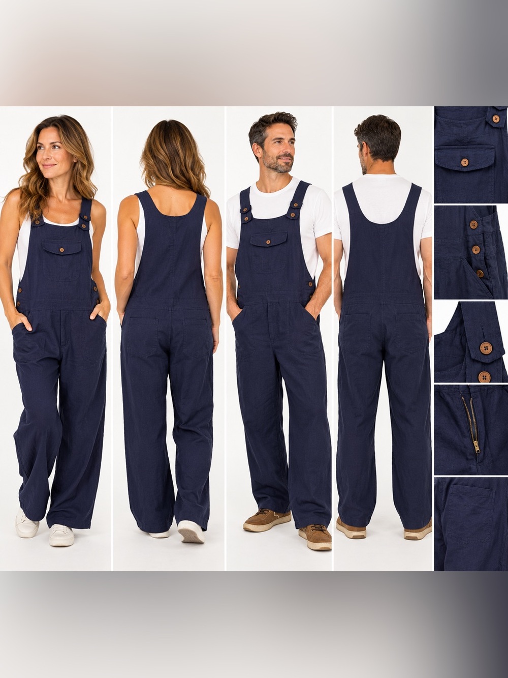 Ark Imports Navy Blue Cotton Overalls Unisex Size L Wide Leg Boho Utility